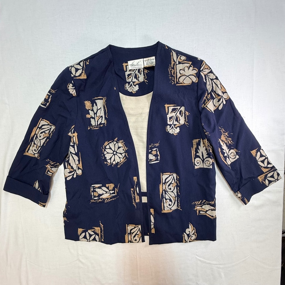 Kathie Lee Collection Navy Botanical Print Jacket & Top Set 12 Vintage Style
